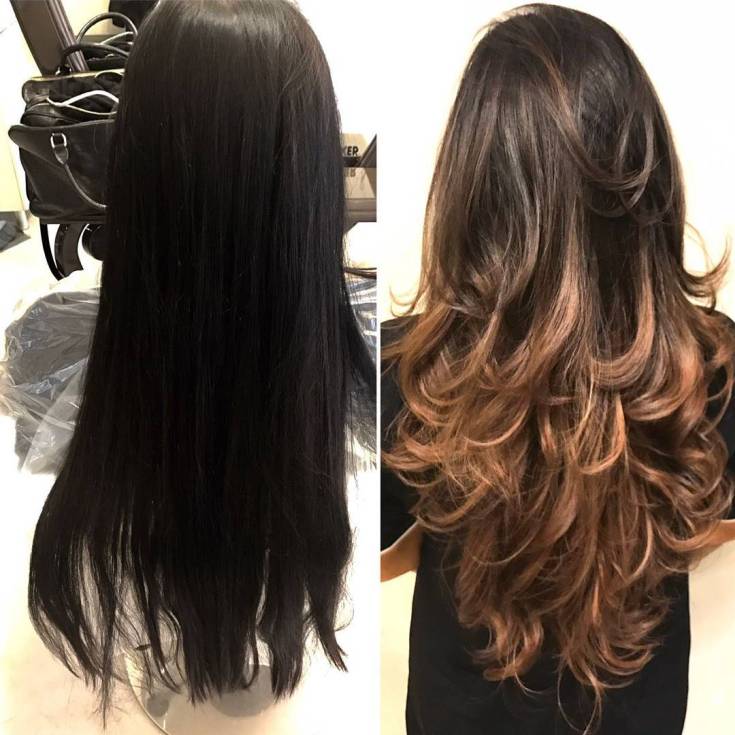 Shatush sur cheveux longs foncés