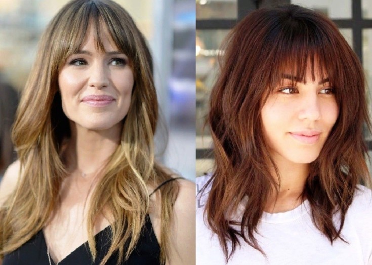 (+150 photo) Coupe de cheveux en cascade pour cheveux longs avec une frange