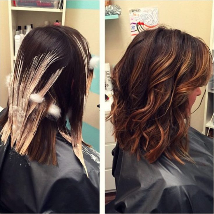 (+180 photos) Shatush sur cheveux foncés de longueur moyenne