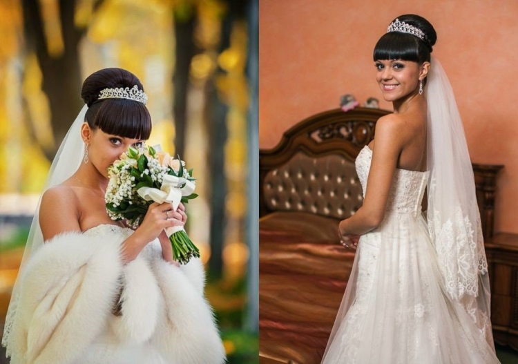 Coiffures de mariage pour cheveux mi-longs avec un voile avec une frange