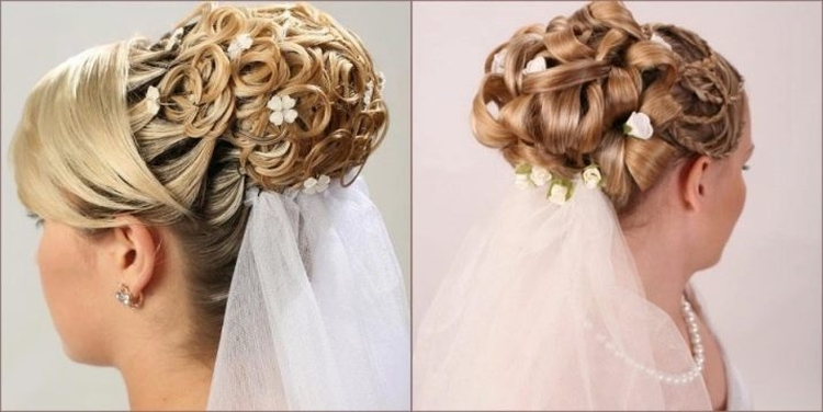 Coiffures de mariage pour cheveux mi-longs avec un voile avec une frange