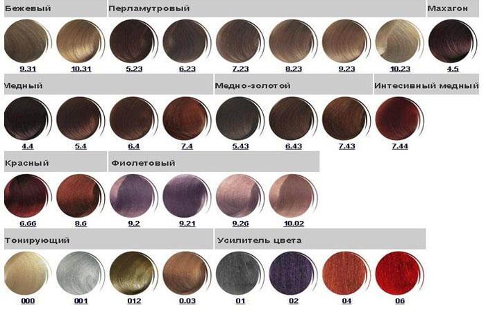 Une palette complète de couleurs de cheveux kapous par numéros avec des exemples de noms et de photos